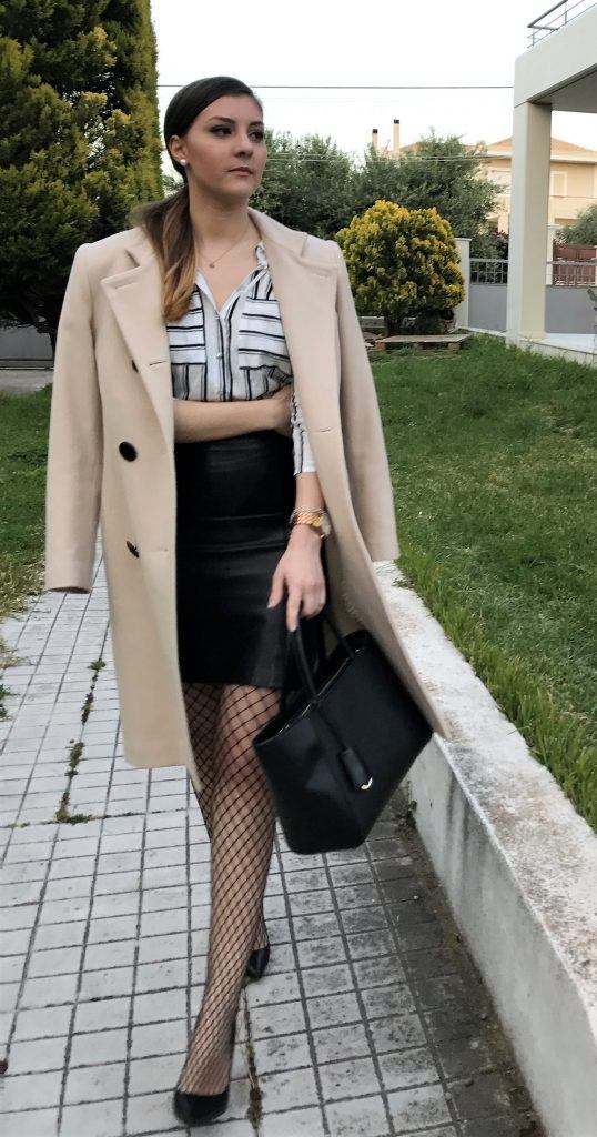 office look with fishnet tights