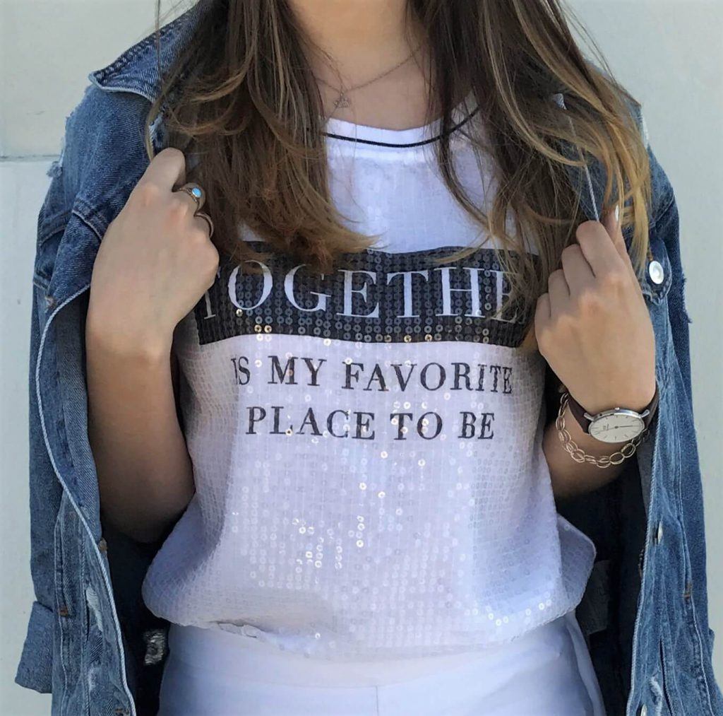 sequined top with denim jacket