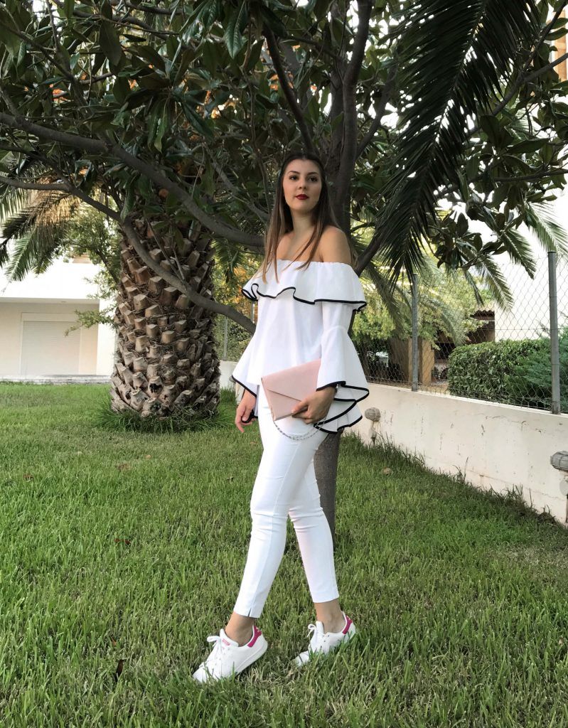 white off shoulder top outfit