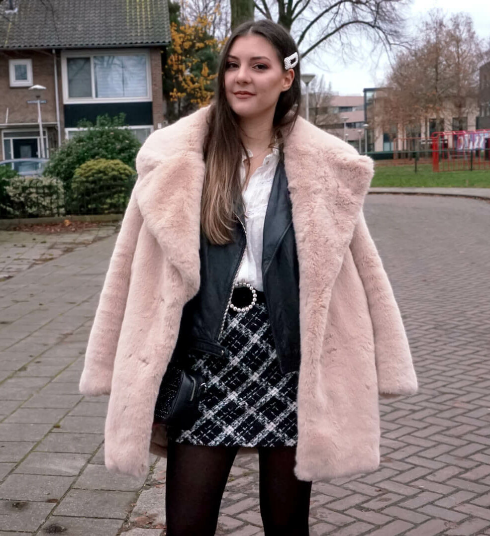 fluffy coat with leather jacket